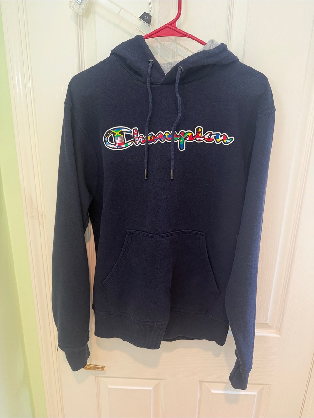 Champion Navy Hoodie with Multicolor Script Logo